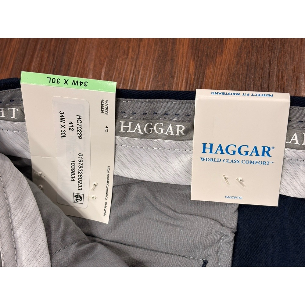 NEW Haggar Straight Fit Mens Pants 34W x 30L Waistband Navy Premium Soft Stretch - Picture 6 of 14